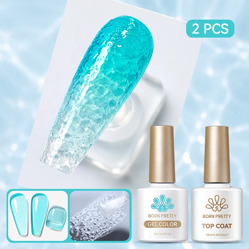 BORN PRETTY 2-teiliges Sommer-Set mit Transparentem Nagelgel und Wasserwellen-Top-Coat, Ohne Abwischen, Abziehbarer Jelly-Gel-Lack