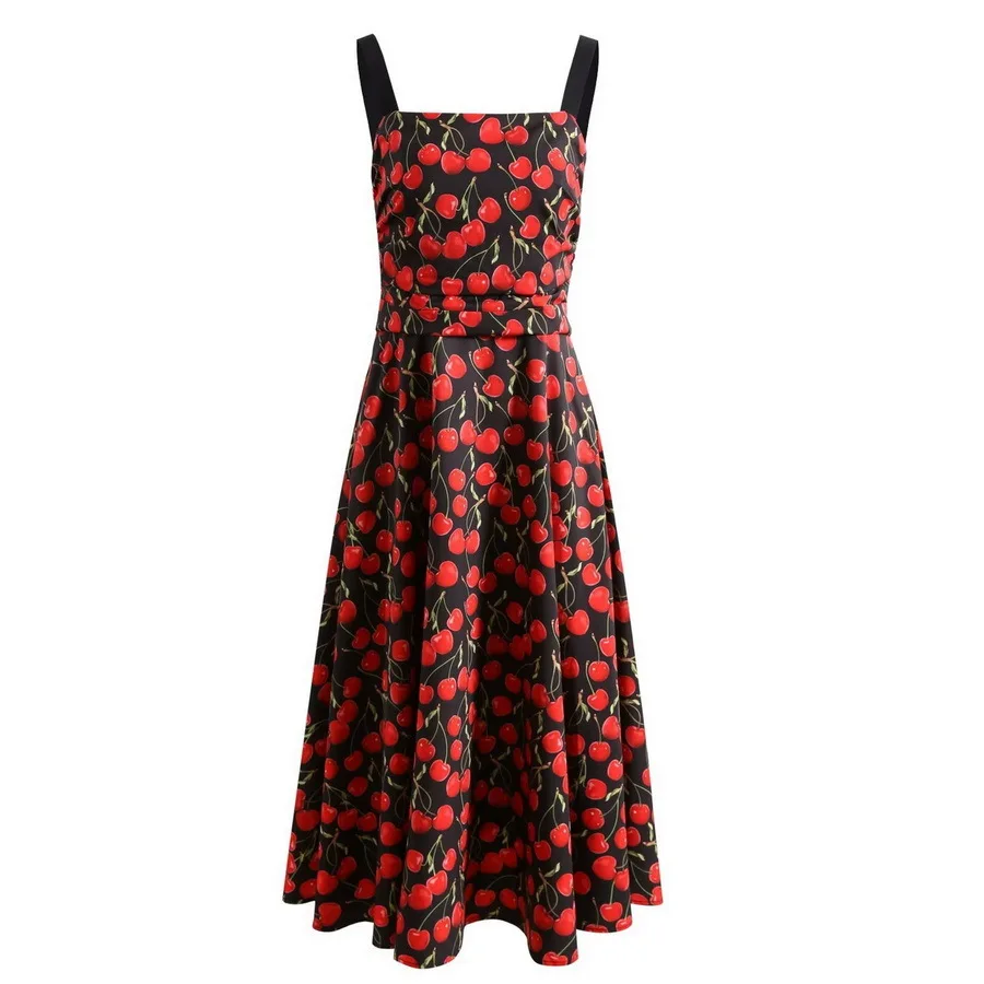 

European and American women's clothing 2023 autumn new suspenders Sleeveless cherry print fashion Pleated dress XXL