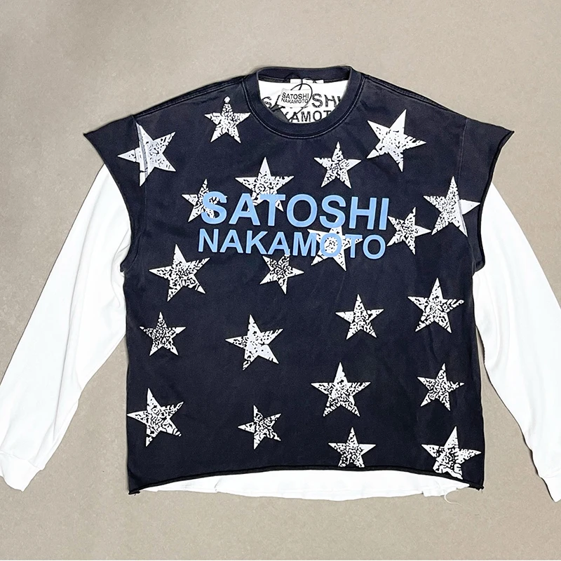 Street Shining Stars Print Satoshi Nakamoto Short-sleeved T-shirt Men Women Summer Retro Hip-hop Style Streetwear Oversized