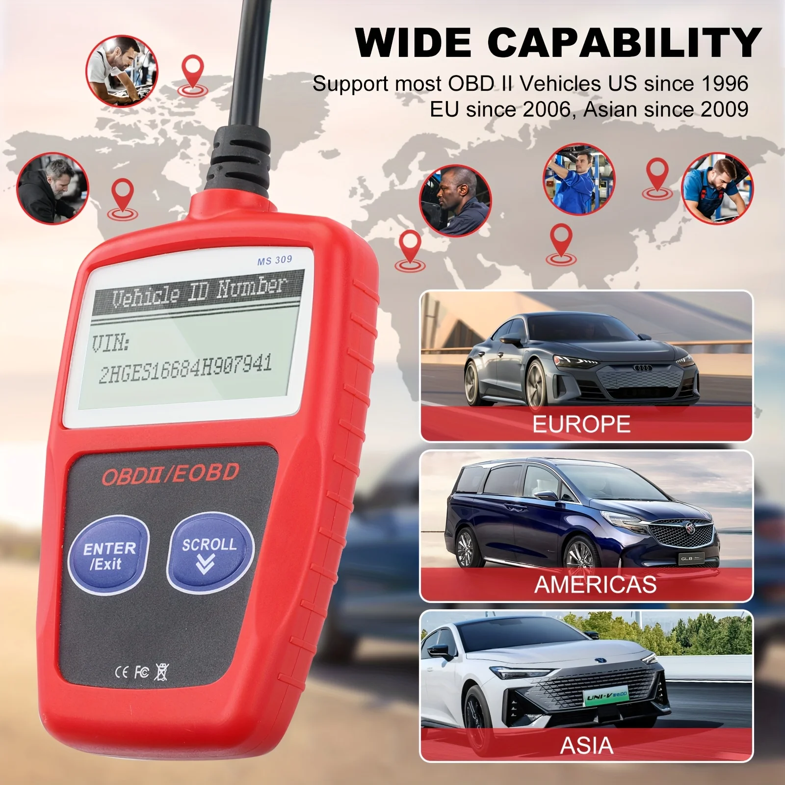 أداة تشخيص السيارة Obd2، قارئ رمز الخطأ Ms309 Obdii Eobd، أداة تشخيص Ecu - مع وظيفة إعادة ضبط ضوء المحرك I/M 24000، بدون بطارية، تصميم مدمج، تشخيص السيارات، أصحاب المركبات، ميكانيكا السيارات