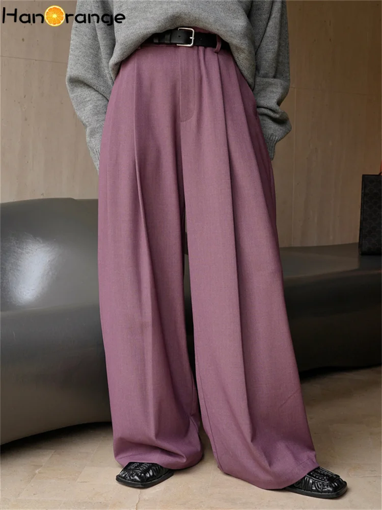 HanOrange 2024 Simple Fashion High Waisted Wide Leg Trousers Women Loose Hang Down Long Pants Black/Gray Purple