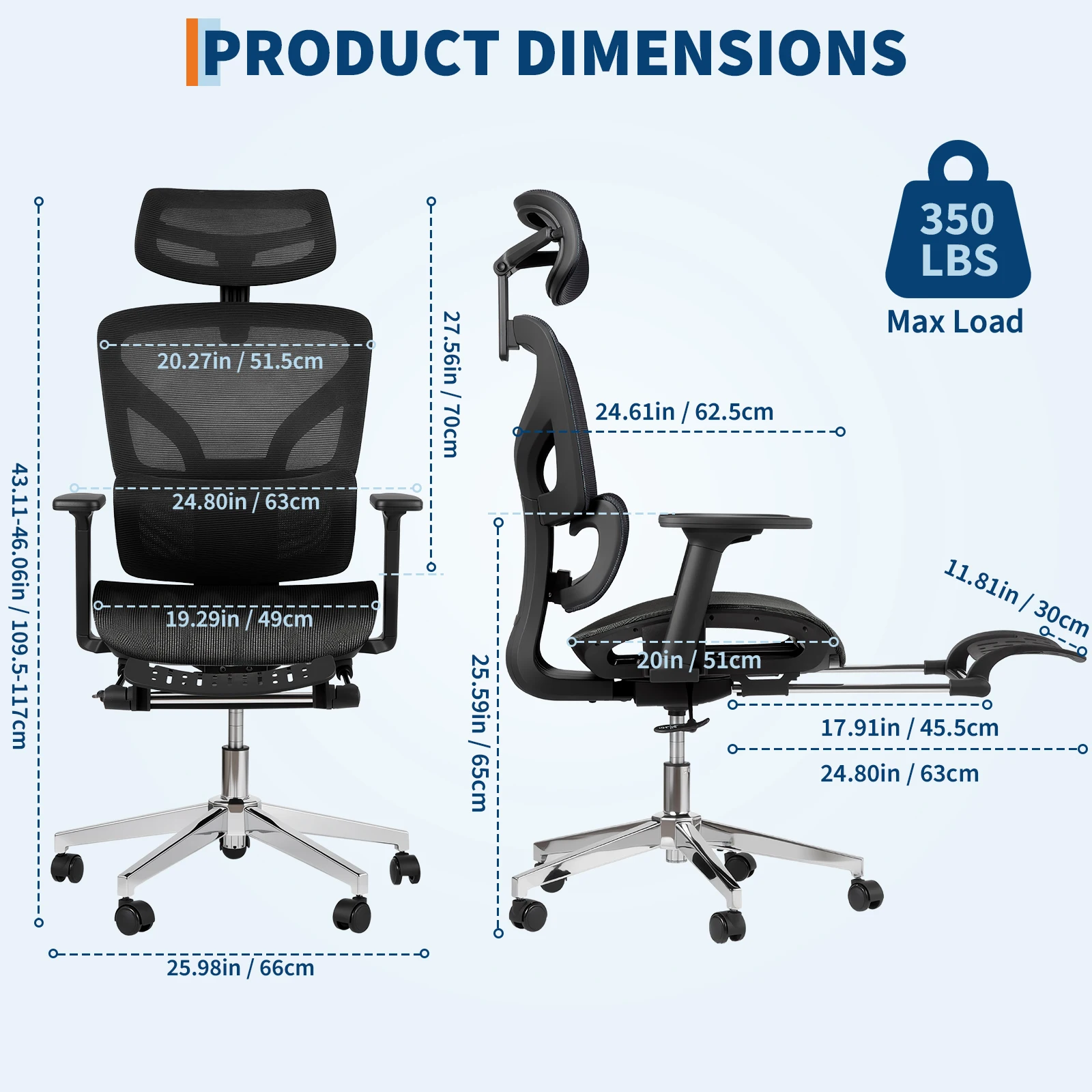 Ergonomische bureaustoel van mesh met hoge rugleuning en 3D verstelbare armleuningen, lendensteun, verstelbare stoeldiepte, intrekbare voetsteun,