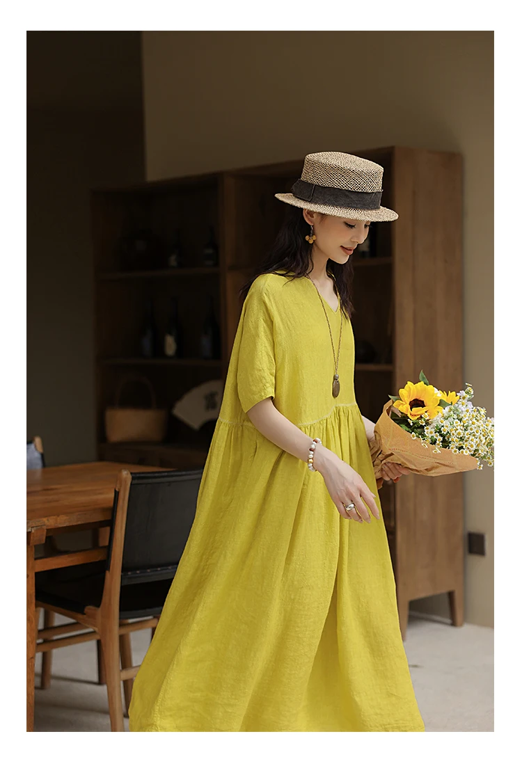 100% Linen Women's Short-sleeved Dress Yellow V-neck Pullover Dress Temperament Simple Casual Loose Plus Size 3XL Comfortable