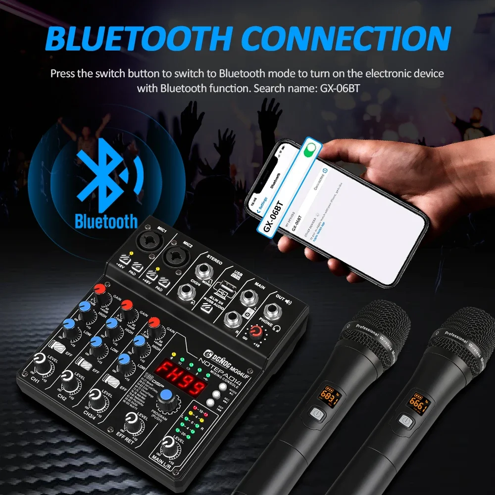 Mixer Audio 4 saluran, dengan mikrofon nirkabel UHF fungsi USB/Bluetooth 99DSP efek PC rekaman konsol DJ untuk Karaoke rumah