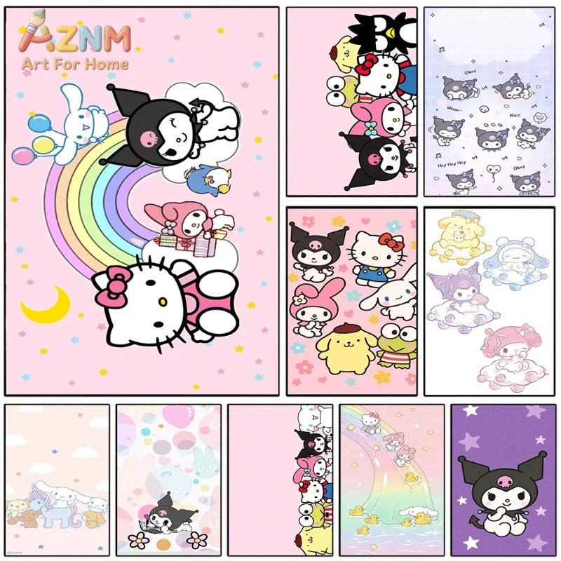 Sanrio Characters Canvas Wall Art Unframed Print Rainbow Moon Star Balloon Cute Cartoon Poster for Bedroom Dorm Home Interior Wa
