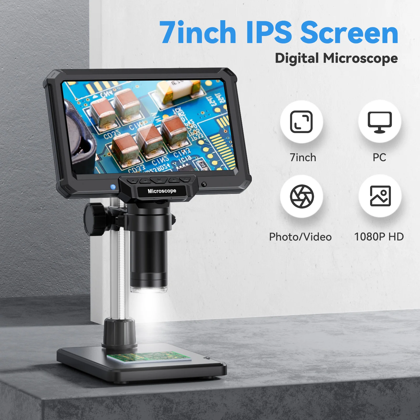 7inch Microscope 1200X 16MP HD Electronic Microscopes Camera Magnifier for Soldering Phone Repair Microscope, Coin, PCB, PC View