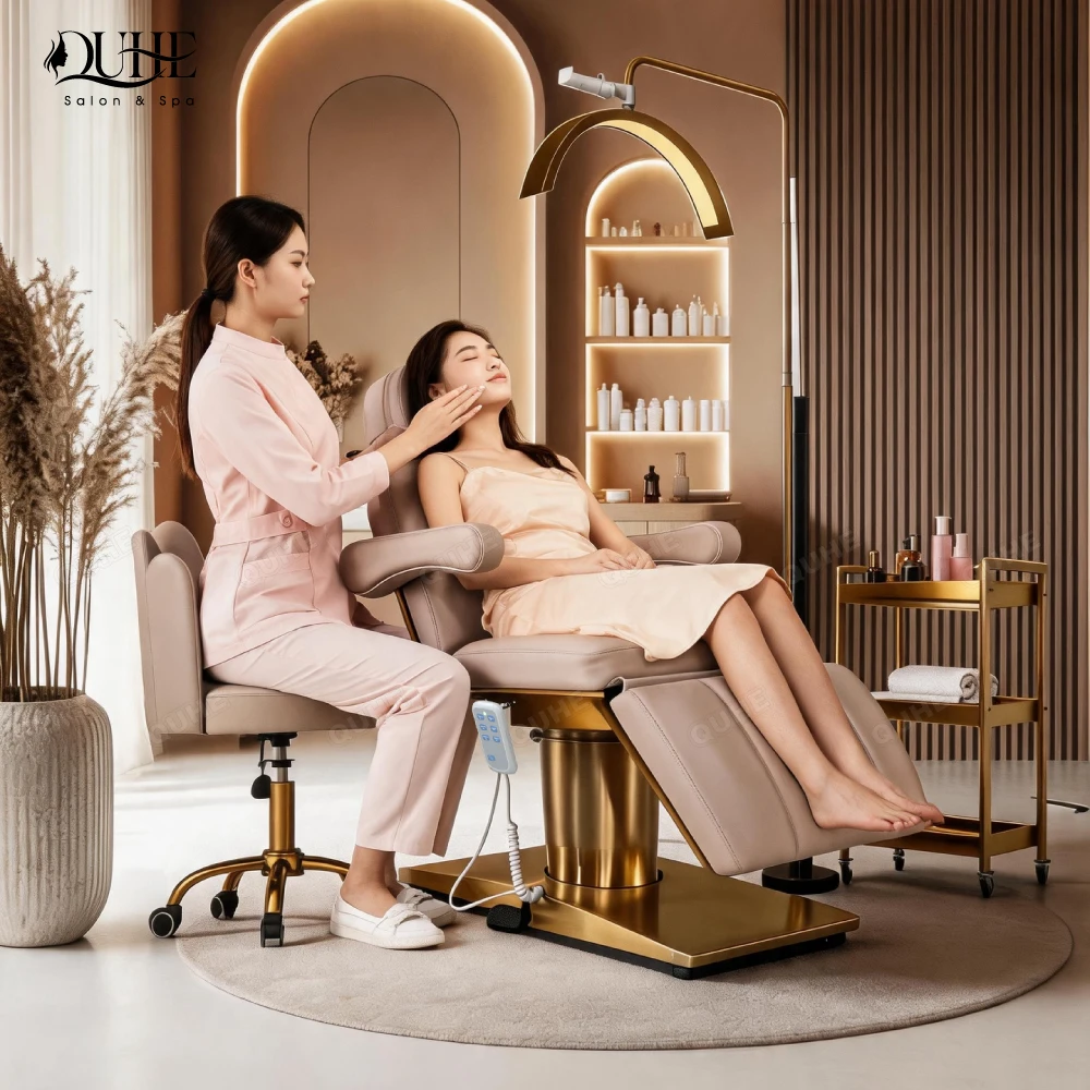 QUHE Customizable PU Leather Electric Facial Beauty Massage Bed Foldable Adjustable Salon Spa Furniture Lash Bed