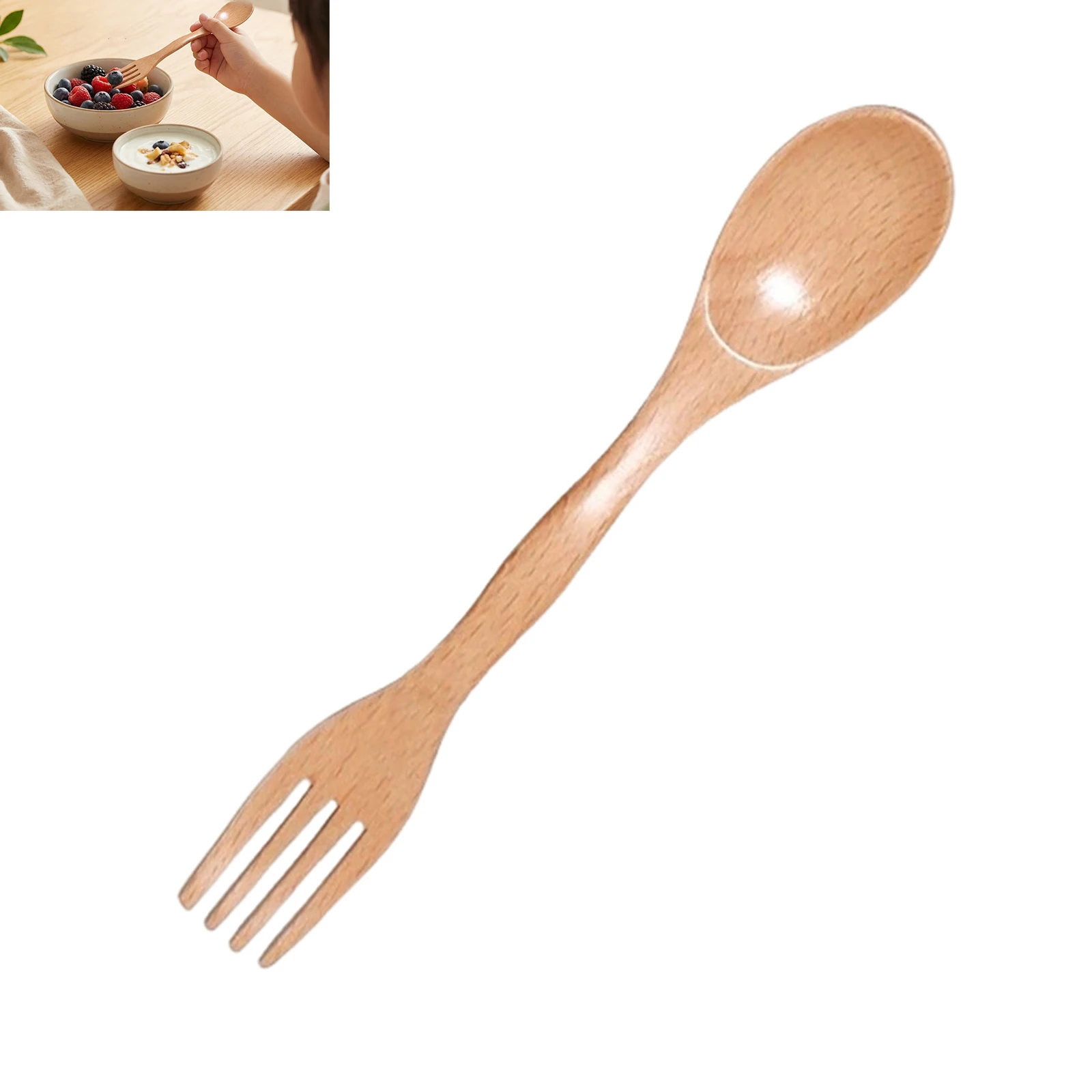 Cuchillería de madera natural 2 en 1, cuchara de sopa de doble punta, juego de cubiertos para mesa, cuchillería, cucharas para café y té, tenedor para ensalada