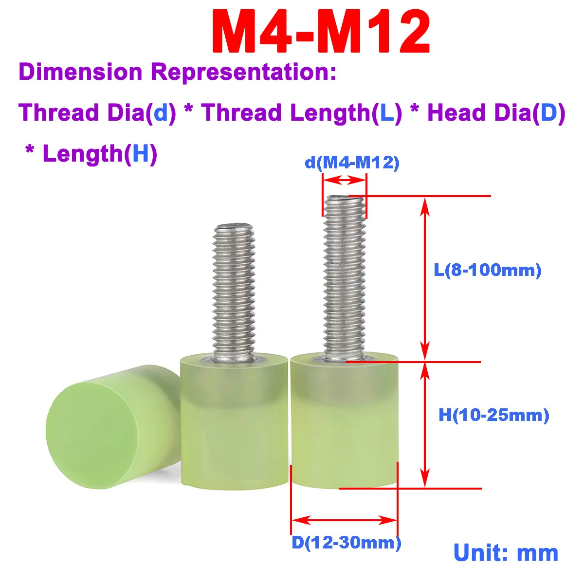 304 Stainless Steel Polyurethane Coating / Cushioning And Collision Prevention / Shock Absorption / Adhesive Head Bolt M4-M12