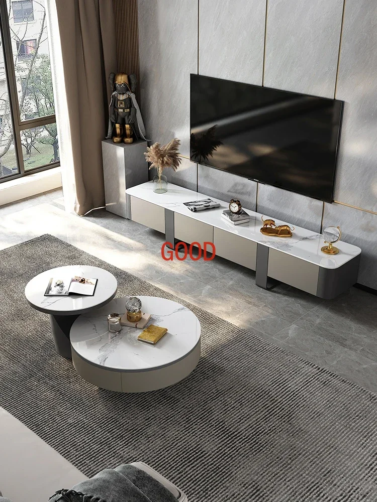 ~L Simple Luxury Stone Plate TV Cabinet and Tea Table Combination Black Titanium Light Luxury Stainless Steel Simple Complete