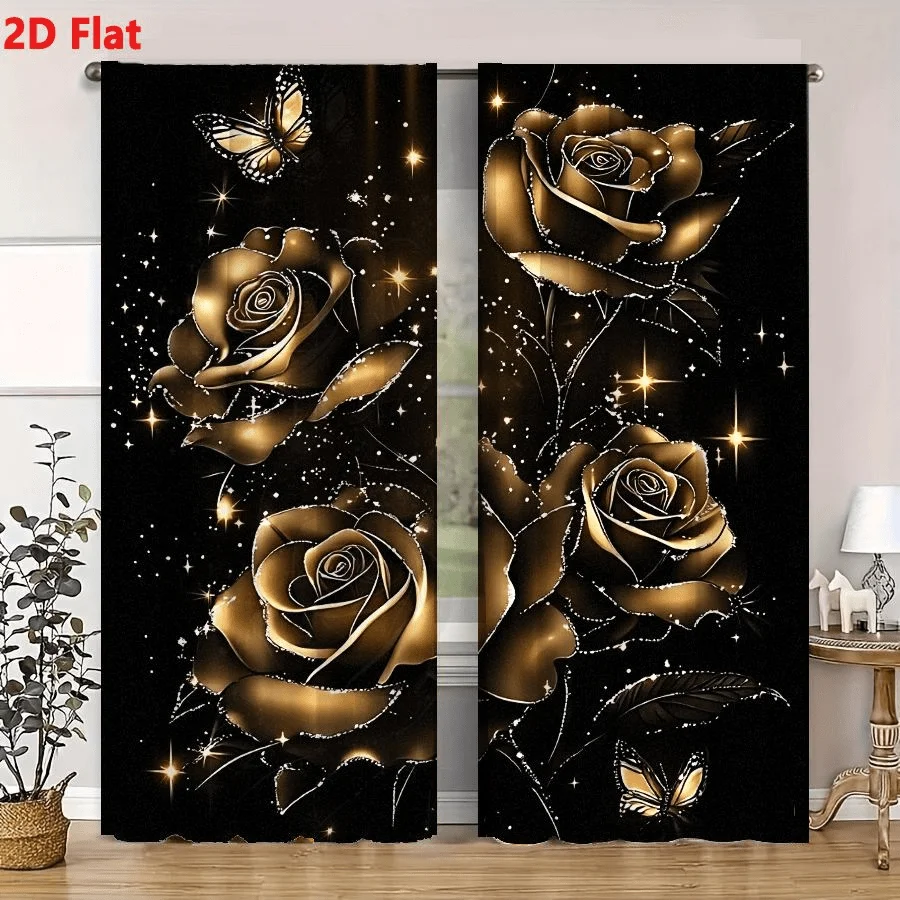 2Pcs Curtain Four Golden Roses And Butterflies Window Drapes for Bedroom Living Room Decoration Window Treatment.