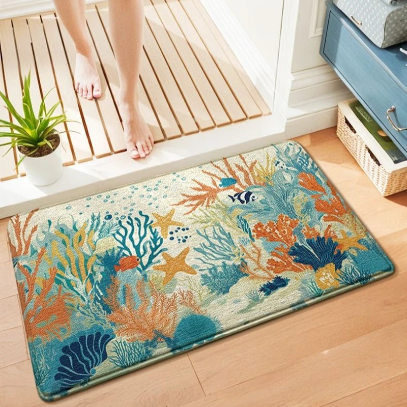 Marine Life Bath Mat, Premium Cotton Sponge, Ultra Soft & Rebound, Super Absorbent, Anti-Slip Backing, Fast Drying Bathroom Rug