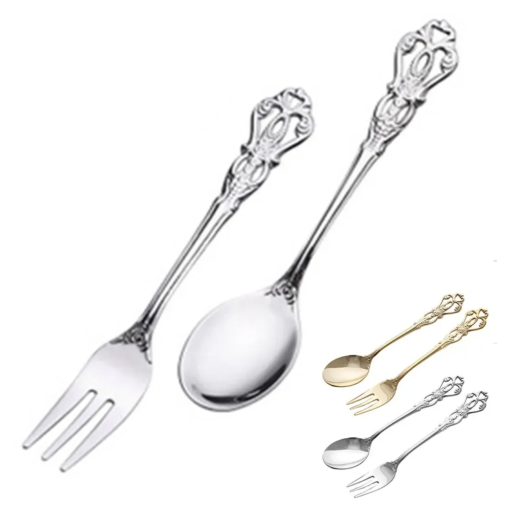 Fork Spoon Silver Gold 2pcs Set 12.6CM 12.9CM Creative Stirring Stainless Steel Multi Color Options Set Up Photos