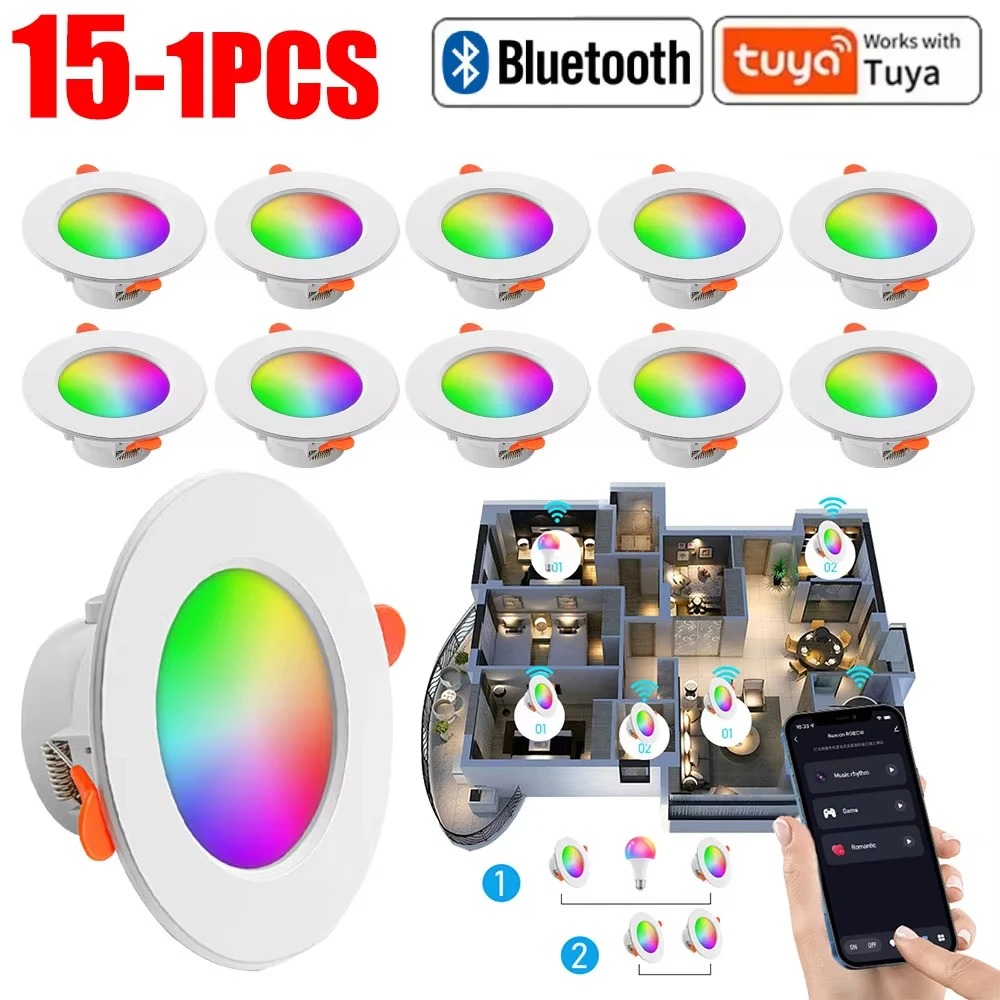 1-10 pces 10w inteligente led tuya downlight bluetooth lâmpada do teto rgb app controle remoto mudança de cor luz para google casa