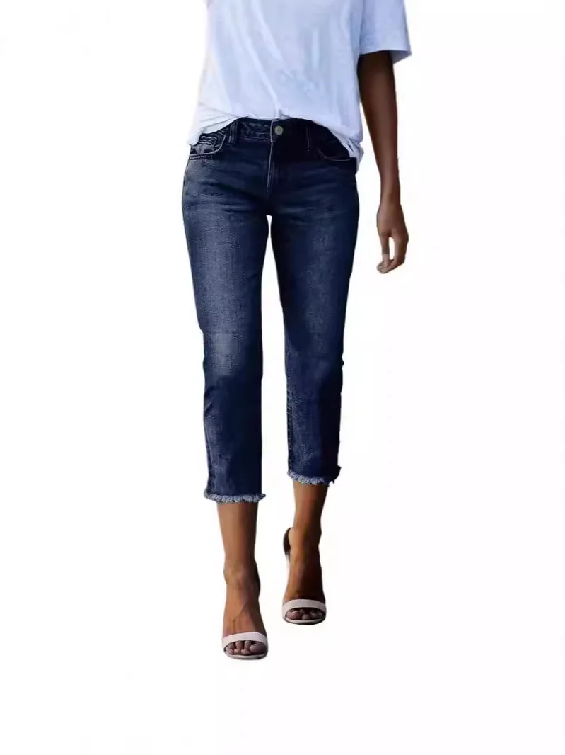 2025 سليم صالح لون نقي زر السراويل الطويلة الشارع جينز نسائي غير رسمي منتصف تمتد مرونة الخصر موسم الصيف