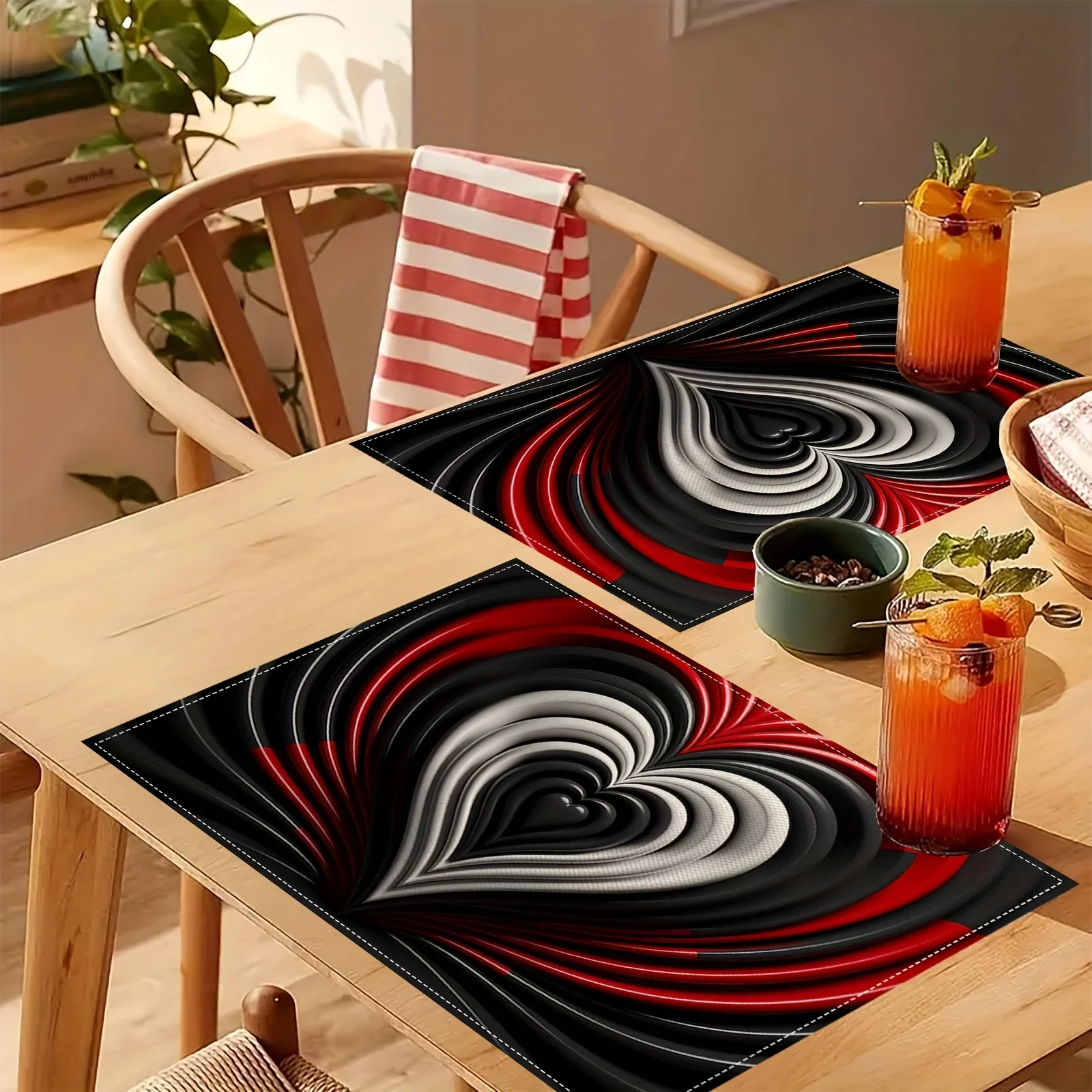 4/6/8 Placemats  Red Black Heart Abstract Art Placemat Set Romantic Valentine Day Table Decor Place Mats For Dining Kitchen Home