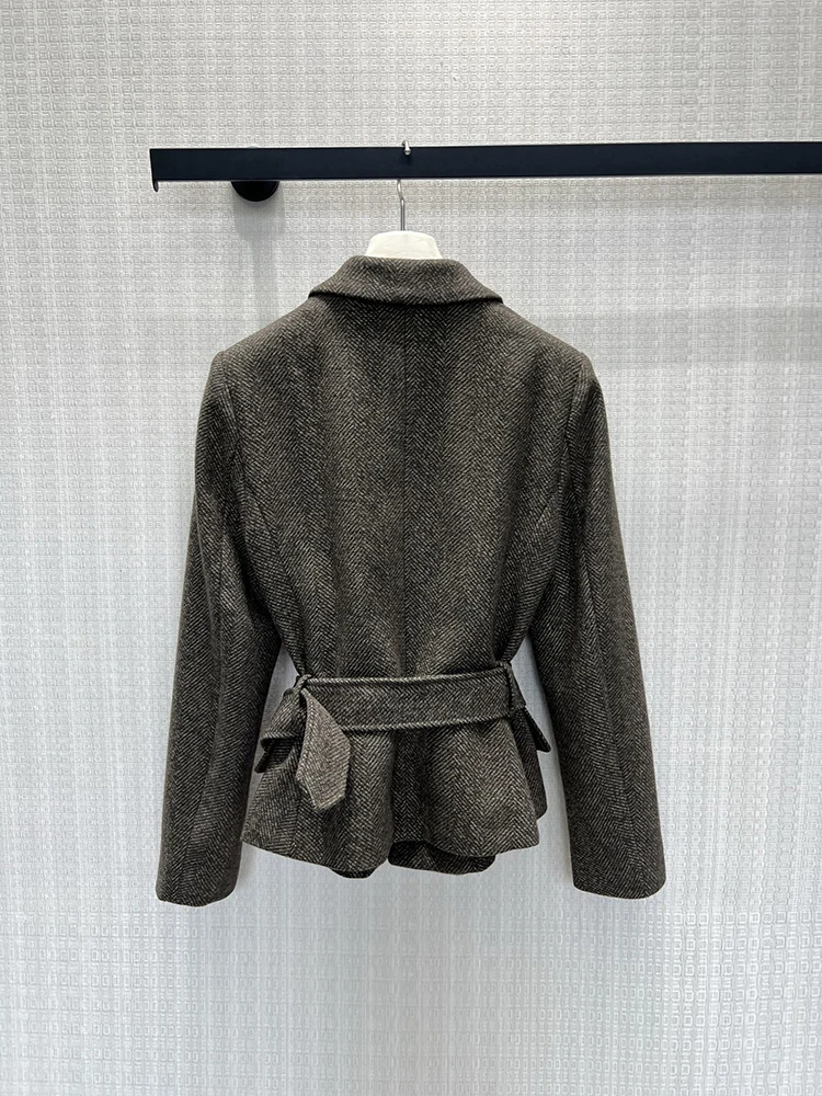 Spring Summer Fashion Vintage Herringbone Wool Blend Suits Jacket Women's Turn-down Collar Long Sleeve Belt Flounces Hem Coat