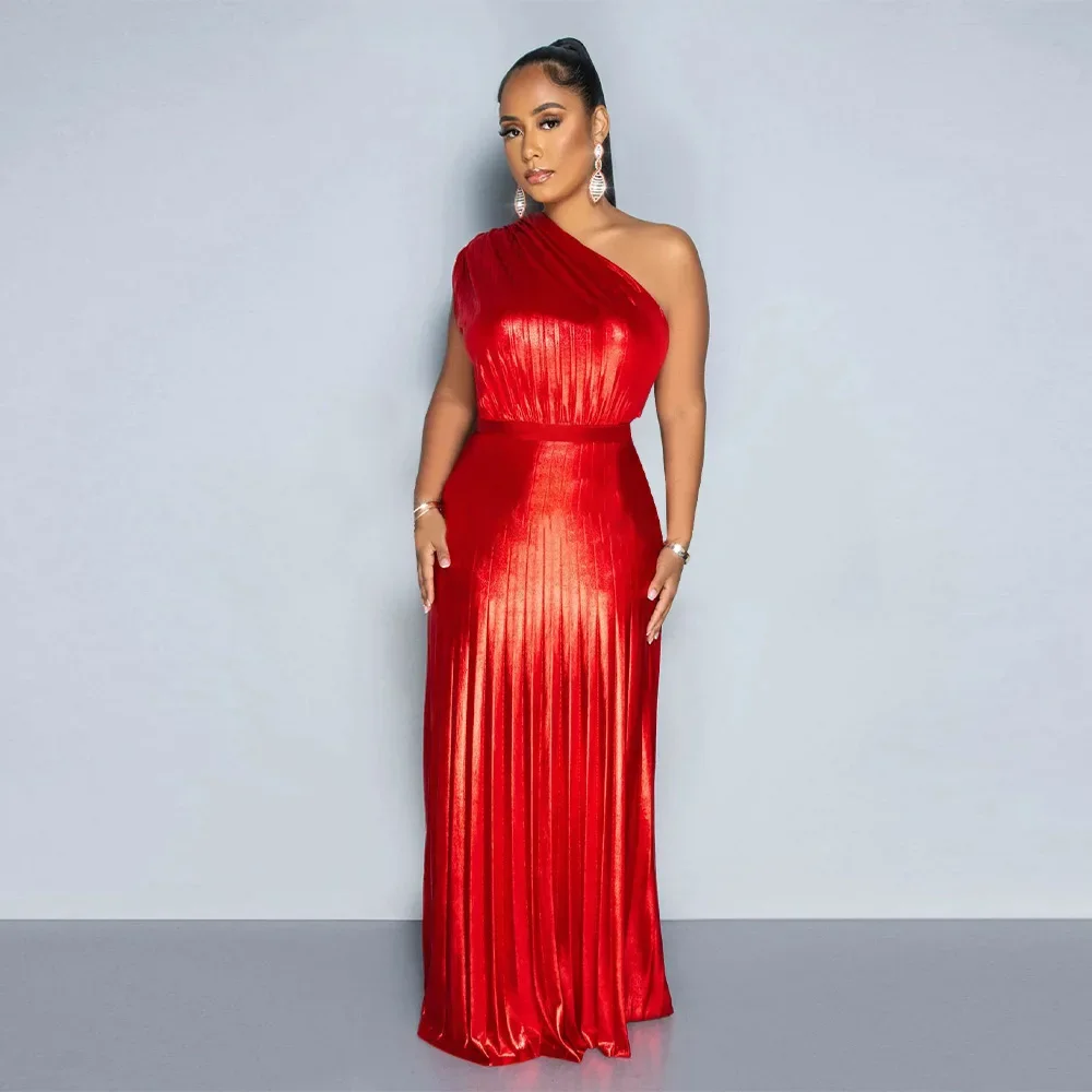 Elegant Women Even Dresses Luxury Maxi Long Metallic Pleated Dress One Shoulder Sleeveless Premium Shiny Shimmer Gowns Dress