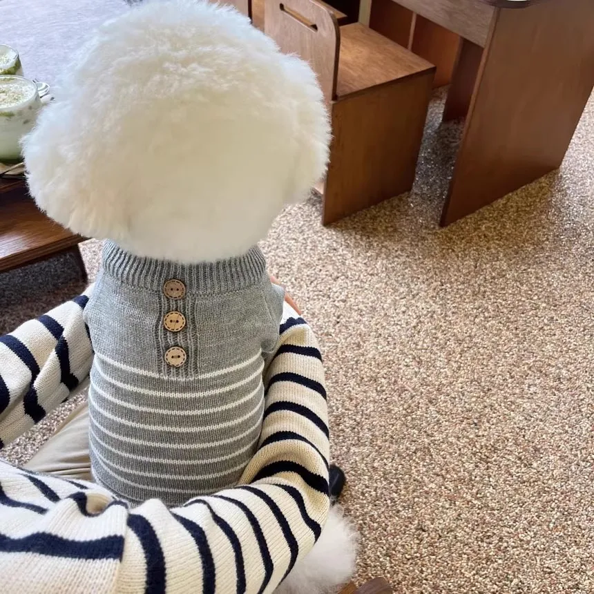 

Classic Grey Striped Buttoned Gentleman-Style Pet Sweater Warm Winter Puppy Dog Clothes