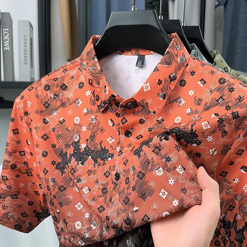 

Regular Fit Lapel Collar Printed Short Sleeve Shirt For Men Stretch Material Daily After Work Party Casual Short Trip Outfit