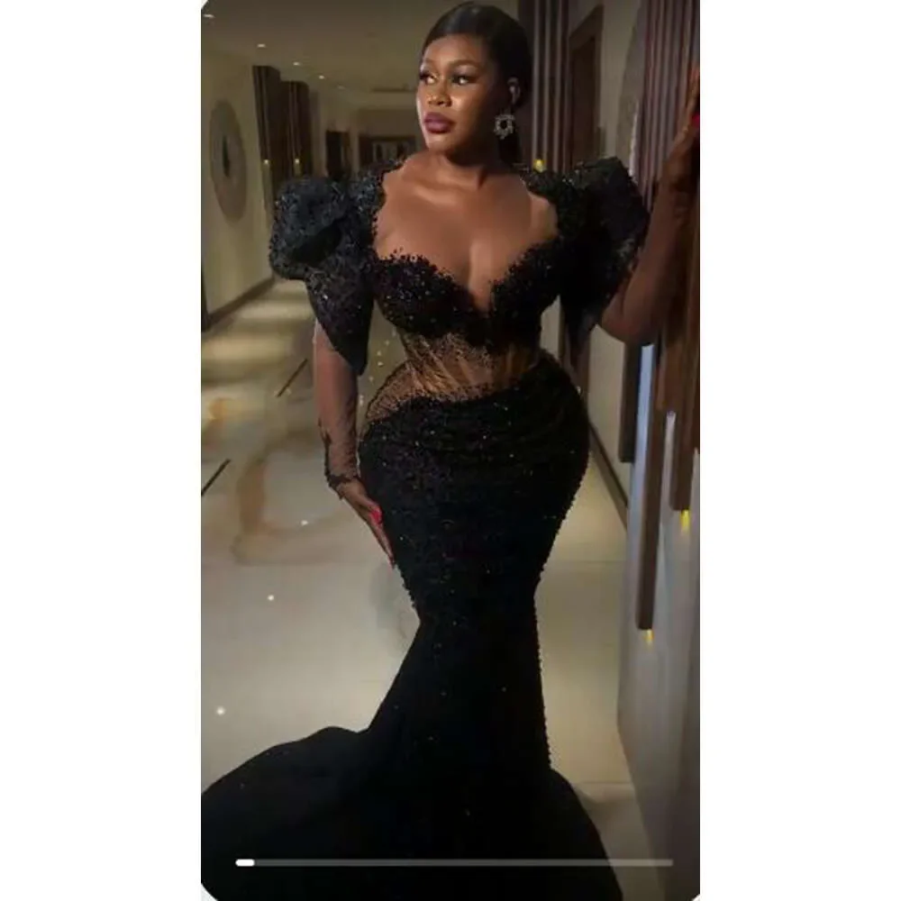 تخصيص 2026 Aso Ebi حورية البحر الدانتيل الأسود مثير فستان ضيق الكرة شفافة طويلة الأكمام المرأة الرسمية Ocn فستان سهرة للحفلات #3