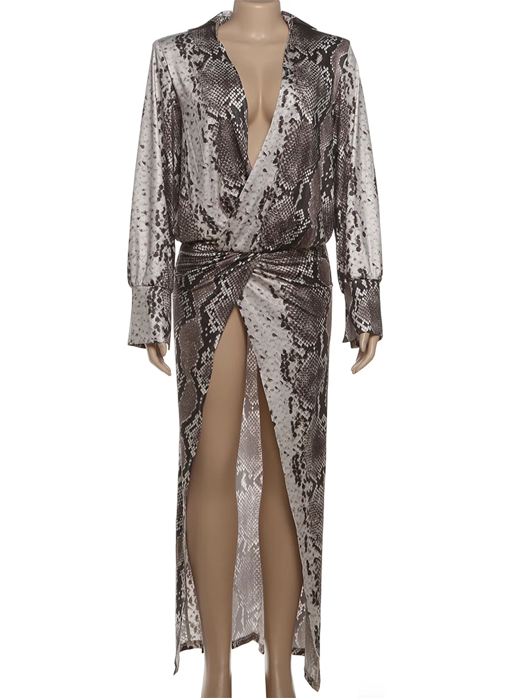 فساتين طويلة مثيرة بفتحات عالية من Kliou للسيدات بطباعة اعوج ورقبة منخفضة وأكمام طويلة مكشكشة وخصر عالي فساتين على الطراز البري