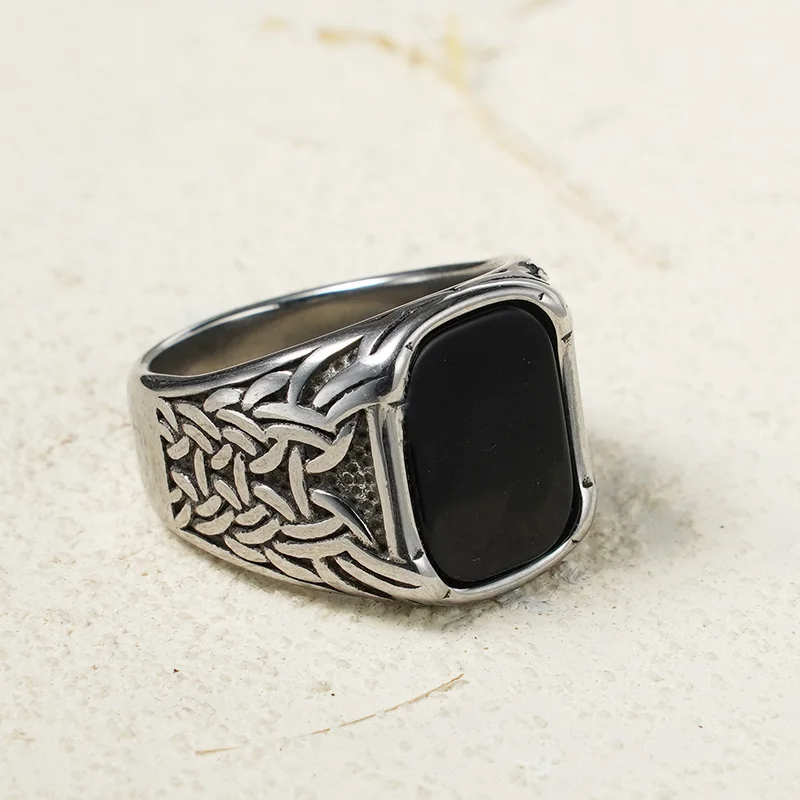 Keltischer Geflochtener Schwarzer Achat Herrenring, 316L Edelstahl Vintage Gotischer Schmuck – Detail 5