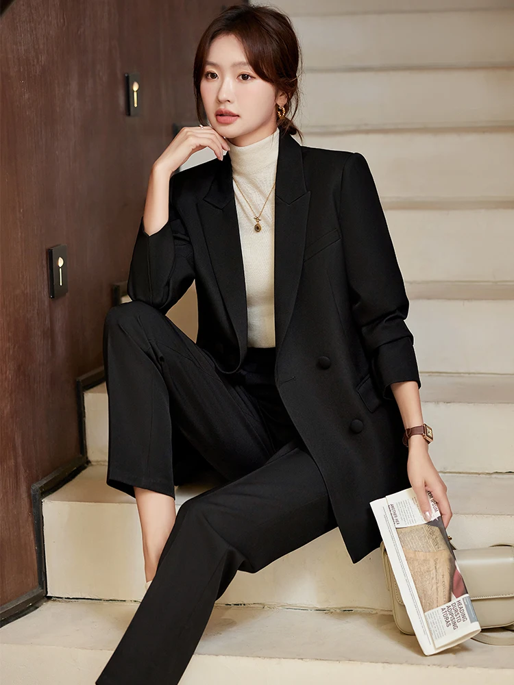 Fashion Ladies Pant Suit Women Pink Apricot Black Female Casual Jacket Blazer and Trouser 2 Piece Set