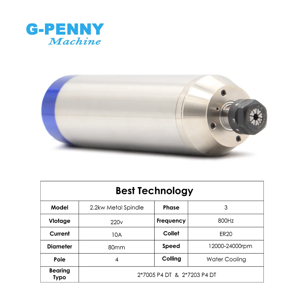 G-Penny 2.2kw ER20 Metal Spindle Water Cooled Spindle Motor 800Hz Pole=4 D=80mm 6000-12000rpm for copper,iron,stainless steel