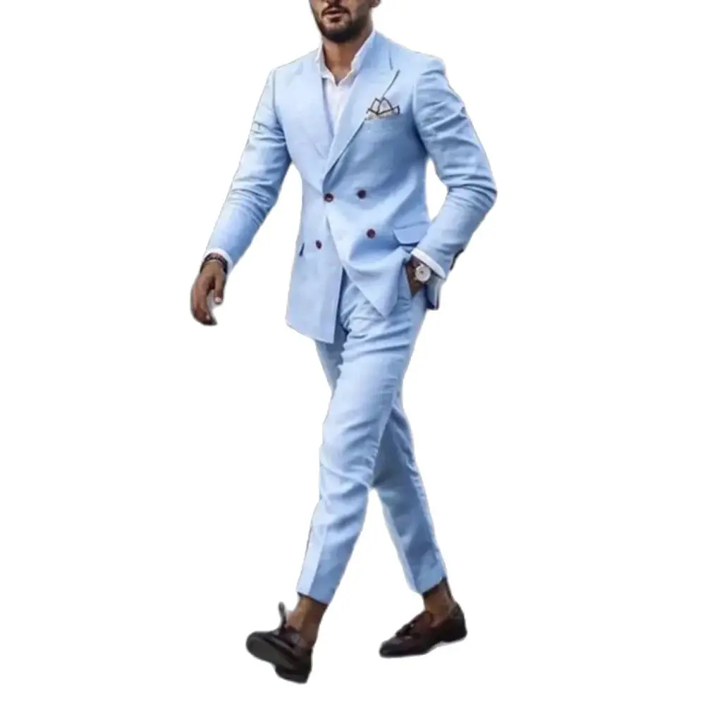 Business Gentleman Light Blue Double Breasted Peak Lapel Two-pieces (Jacket+Pants) Slim Fit Banquet Terno Masculinos Completo