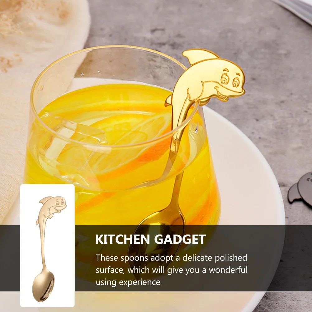 

6Pcs Stainless Steel Dolphin Design Dessert Spoons Cartoon Coffee Teaspoons Stirring Mixing Kitchen Serving Spoon