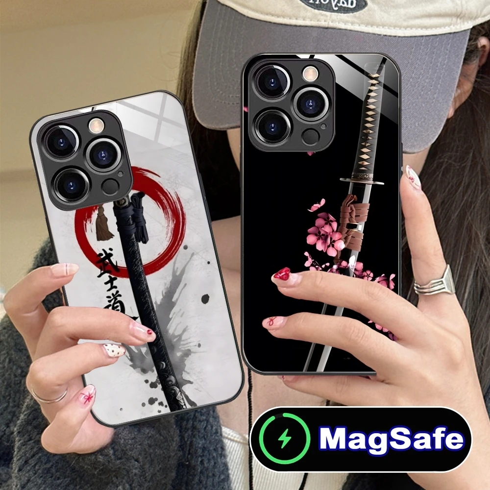 Katana Samurai Ronin Mobile Cell Phone Case for iPhone 16 15 14 13 12 11 Pro Max Plus Mini MagSafe Wireless Charging Glass Cover