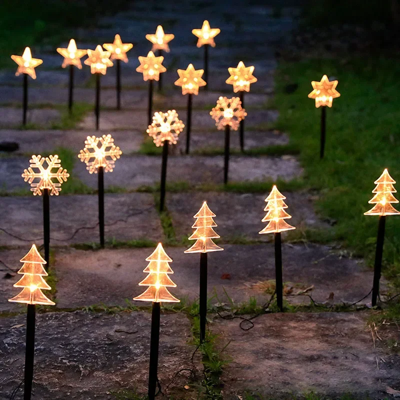 5 luci natalizie con fiocchi di neve, luci solari a LED con spina per paesaggio, stella, albero di Natale, ghirlanda, decorazione per prato all'aperto per la casa