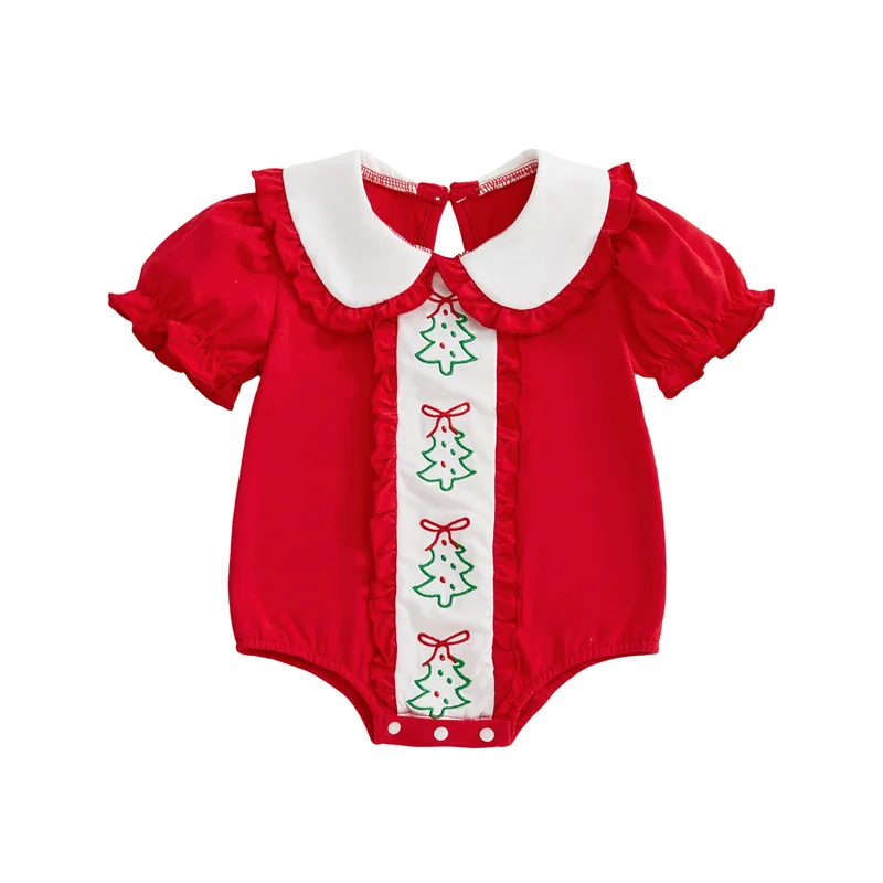 

Cathery Kids Baby Girls Christmas Jumpsuits Tree Embroidery Short Sleeve Doll Collar Bubble Rompers Bodysuits 2025