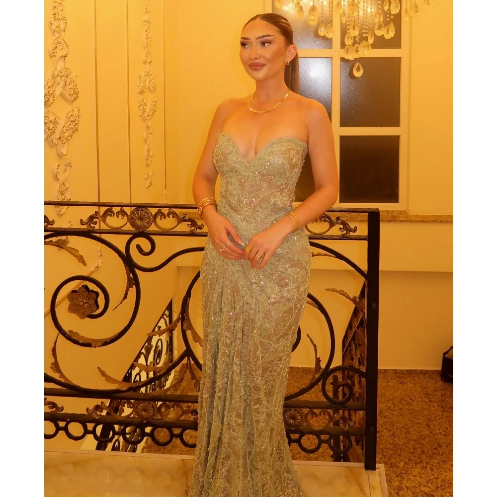 Glamorous Sage Green Prom Dresses Full Lace Beads Sleeveless Evening Gowns Floor Length Women Customized Special Occasion Gowns