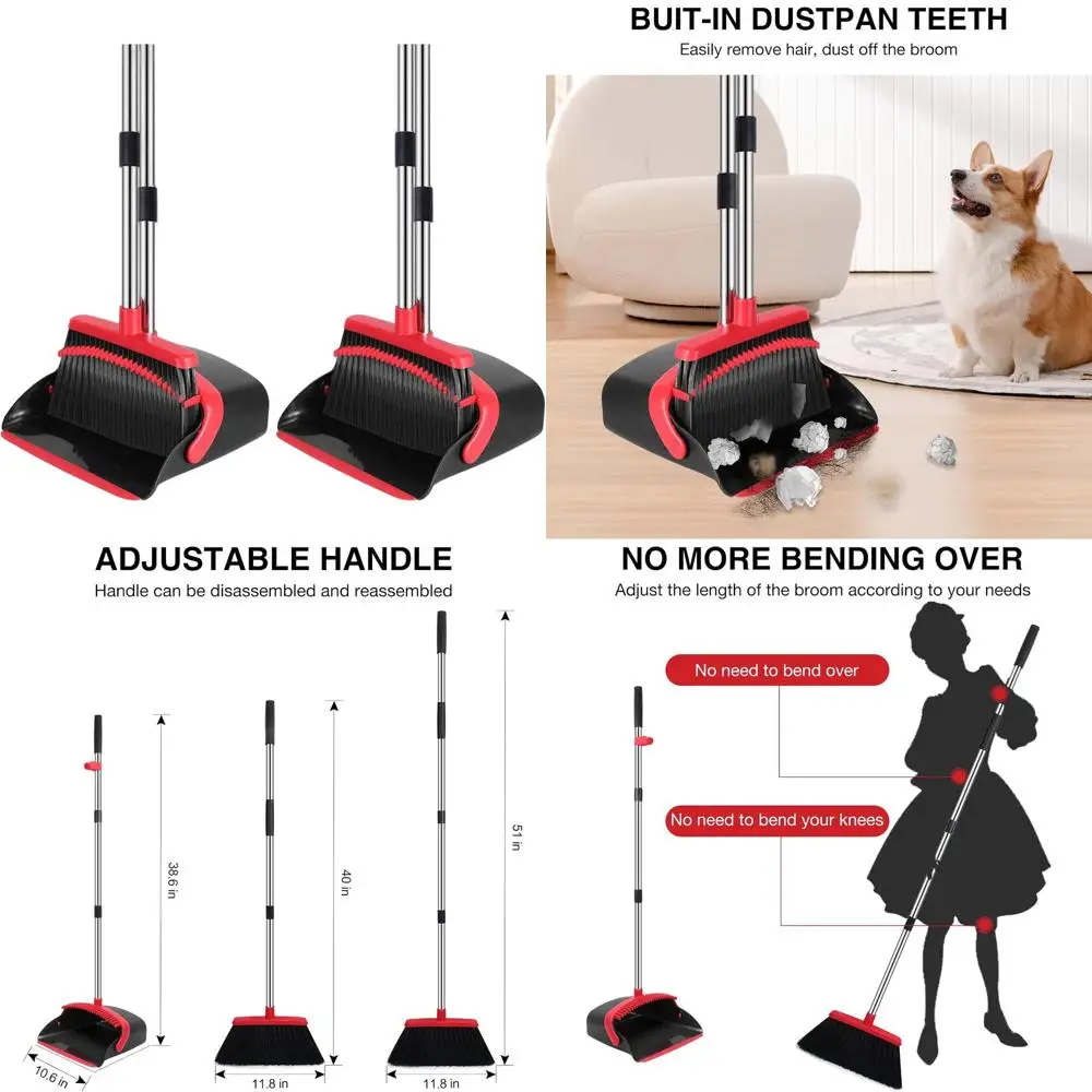 

Long-Handled Broom and Dustpan Set, 52-inch Adjustable, Hair-Cleaning Teeth, Ideal for Home, Kitchen, Office, Hall Floors - Blac