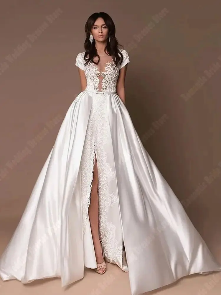 Sexy V-Neck Women Wedding Dresses Popular Bright Satin Surface A-Line Bridal Gowns Beautiful Lace Decal Boho Vestidos De Novias