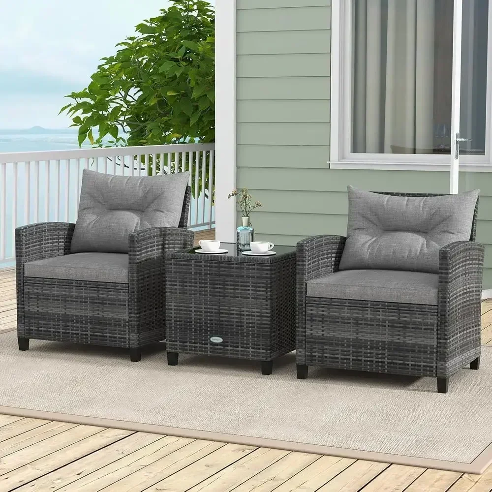 3-Piece Outdoor Wicker Patio Furniture Set with Cushions and Glass Coffee Table (Gray)