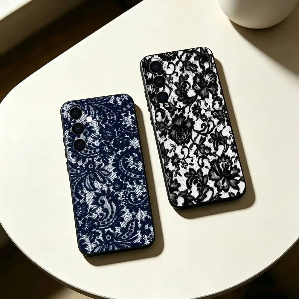 Vintage L-Lace Fabric Pattern Phone Case For Samsung Galaxy A73,A72,A71,A70,A53,A52,A51,Others Soft Black Cover
