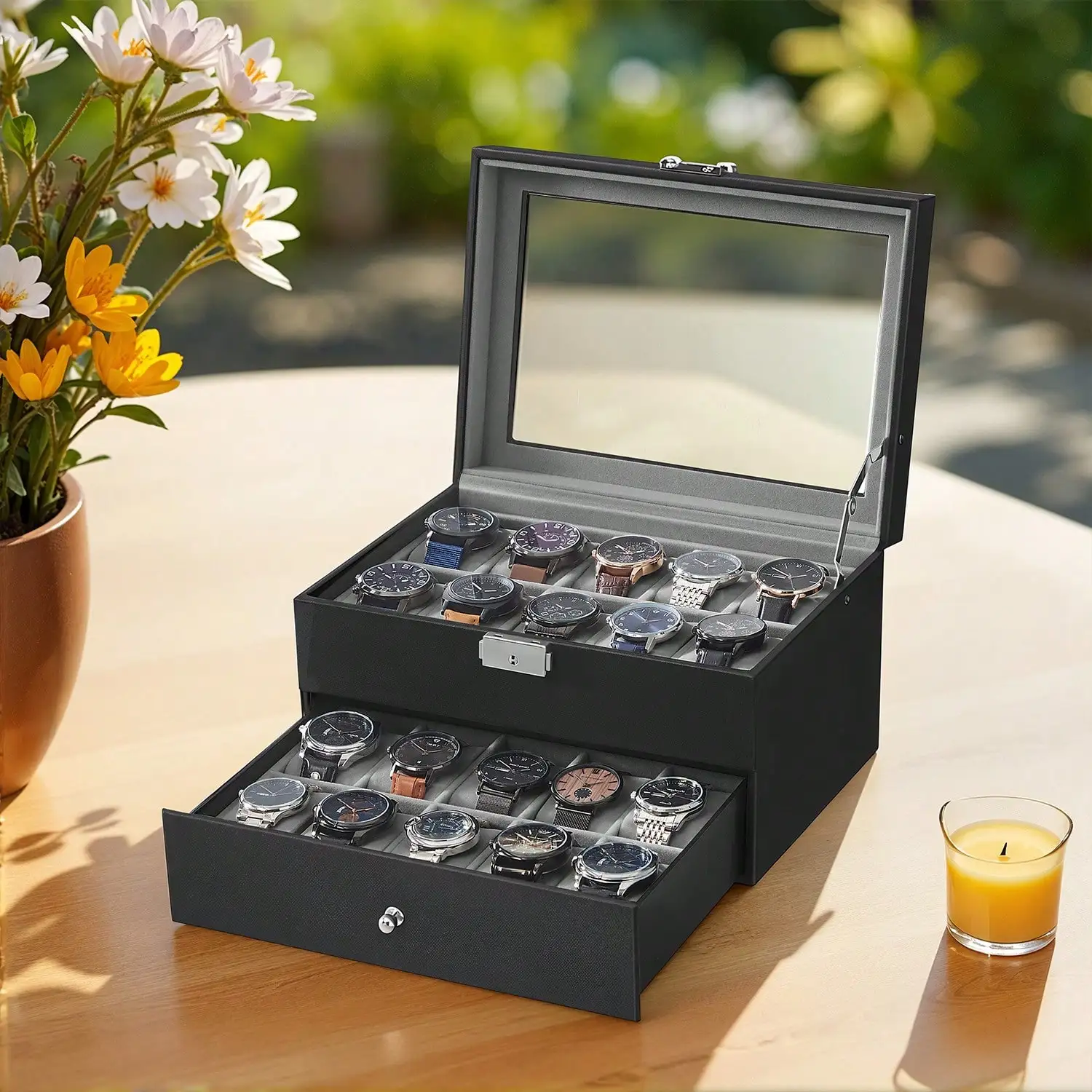 20-Slot Watch Box with Glass Lid & Lock, 2-Layer Leather Watch Display Case Organizer, Large Storage Holder for Men Women, Black