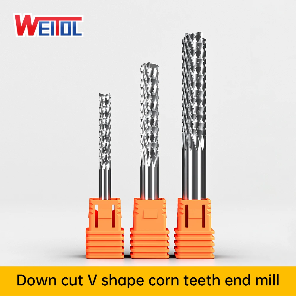 

WeiTol 3.175/4/6/8/10/12mm V shape Down/Left cut Tungsten carbide steel Corn teeth milling Cutter Cement board Hardwood