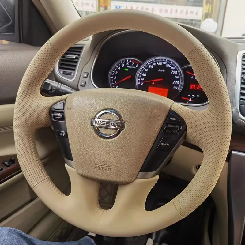 100% Fit For Nissan Teana 2008-2012 Murano 2009-2014 Hand-stitched Black beige Genuine Leather non-slip car steering wheel cover