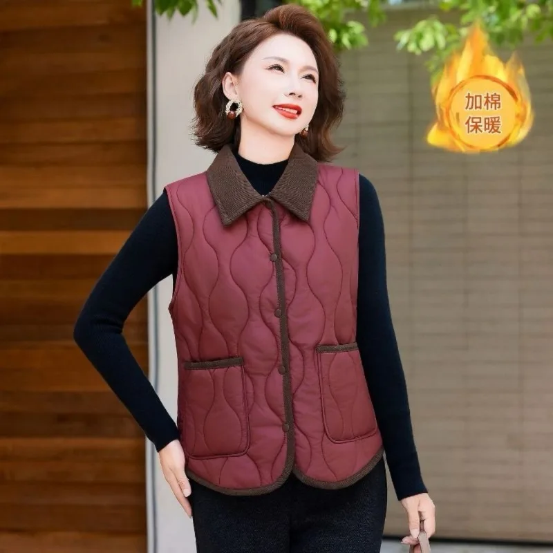 Women Autumn Winter Quilted Cotton Vest Warm Sleeveless Cotton Padded Jacket Cardigan Waistcoat Single-breasted Pockets Jacket