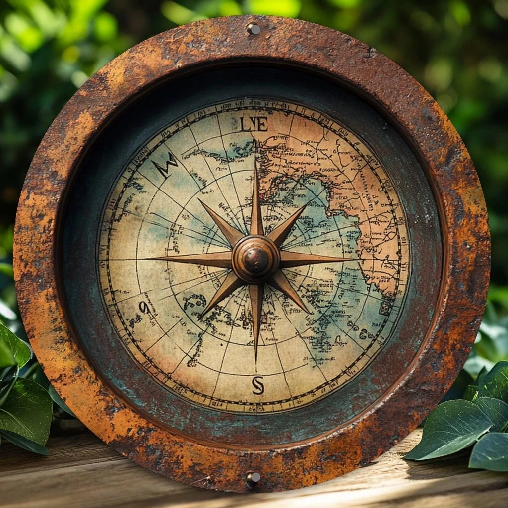 8in 2D Wooden Flat Disc Retro World Map Compass Wooden Deck Wooden Boat Decoration Gift Decoration For Sailing Enthusiast