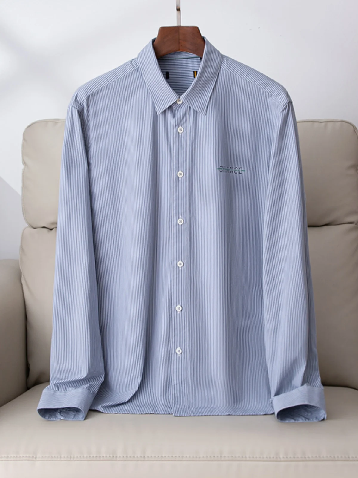 

Waed Proced! Pure Cotton! Men's Casual Blue ey Stripe Long Sve irt Stand Fit Breathable Four Seasons Chinese O...