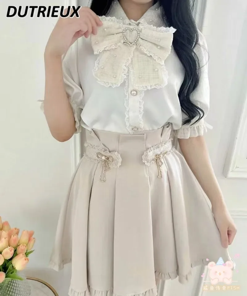 Japanese Rojita New Rhinestone Love Big Bow Shirt Mine Mass-Produced Pearl Blouse Summer Solid Color Short Sleeve Tops