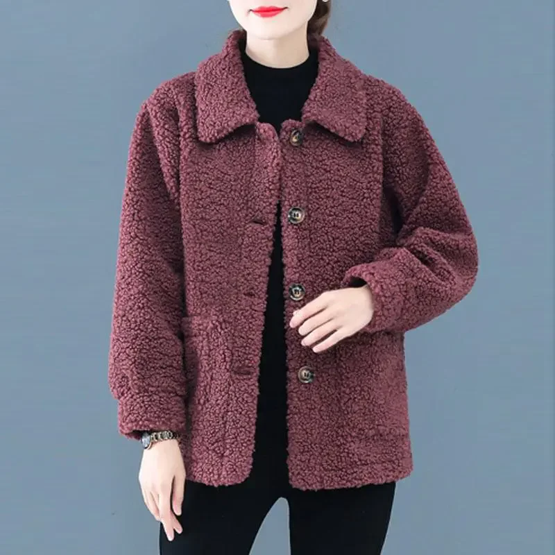 Fashion Faux Fur Cashmere Temperament Button Winter Women's Short Solid Color Loose Slim Lapel Pocket Casual Coat Women's