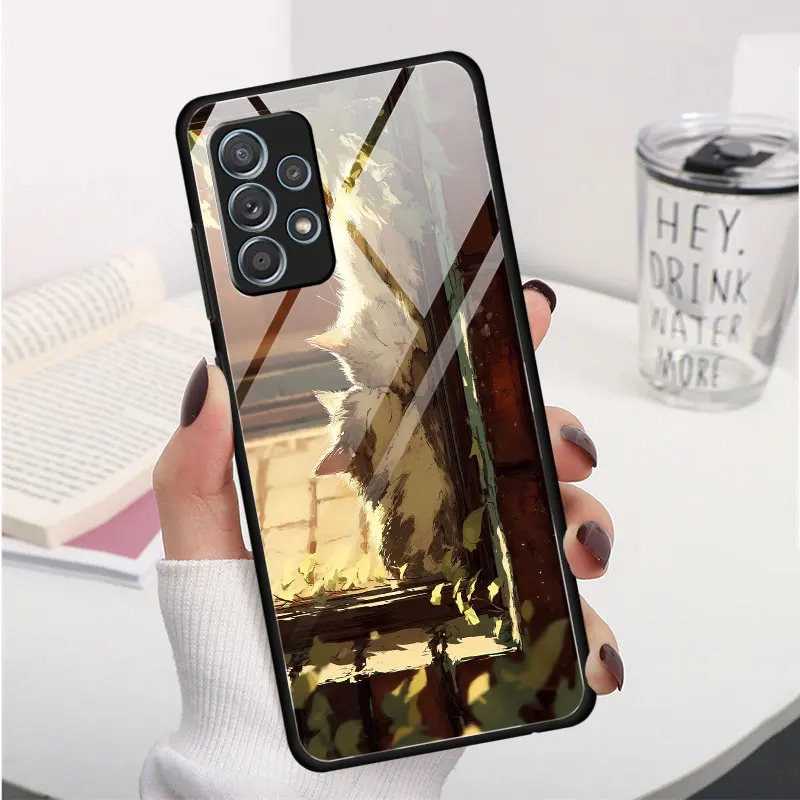 Tempered Glass Case for Samsung Galaxy A07 A50 A06 A10 A20s A03 A7 A04s A50s A04 A30 Wafu Neko Cozy Cat Corner Black Phone Cover