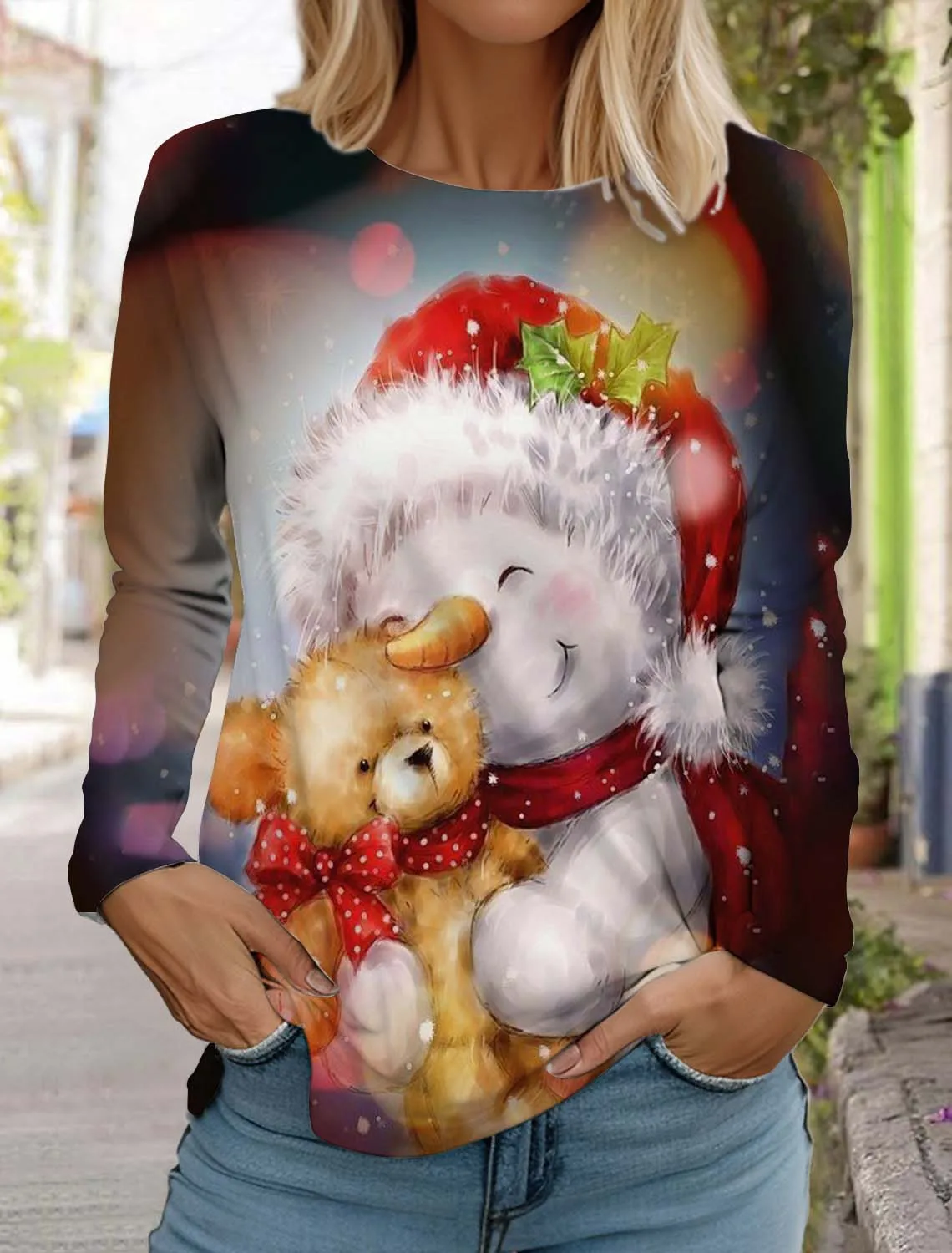 Świąteczna damska koszulka z długim rękawem Snowman 3D Pattern Jesień Nowa moda Santa Claus Damski top Harajuku Pullover Odzież