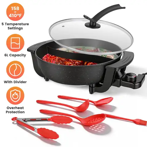 6L Electric Hot Pot with Divider 1100W Dual-Flavor Pot Shabu Shabu Pot Non-Stick with 5-Temp Control for Shabu Shabu Fondue